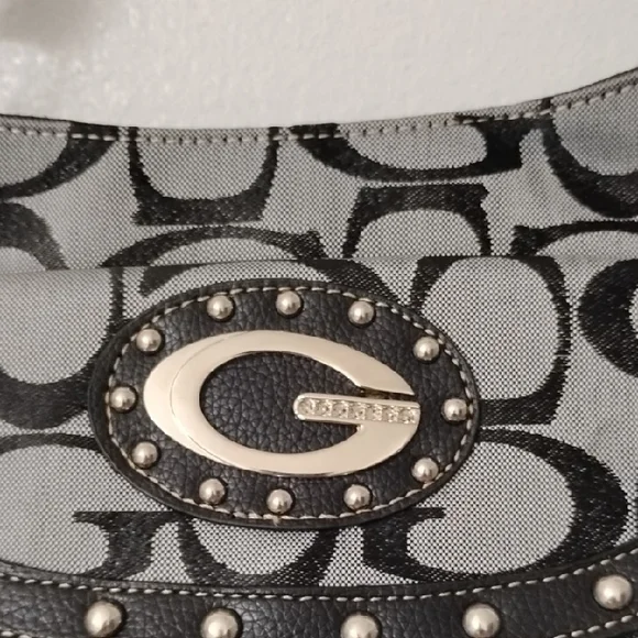 Guess Black and Gray Signature Canvas Shoulder Bag with Studded Flap - Picture 2 of 10